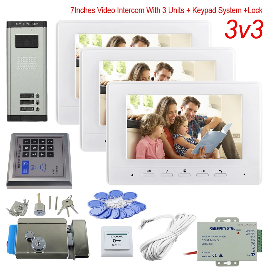 Access Control Keypad 3 Apartments Video Phone Color 7\ Indoor Monitor Doorbell With Camera + Electronic Door Lock System Unit