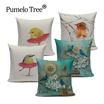 

Colorful Linen Creative Watercolor Birds Painting Pattern Cushion Covers decorative pillows sofa Square Office 3D Throw Pillow