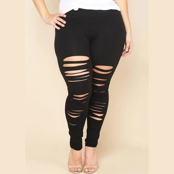 

2017 new Women Plus Size Pencil Stretch Casual Skinny Pants ladies fashion high waist Holes long pants Trousers