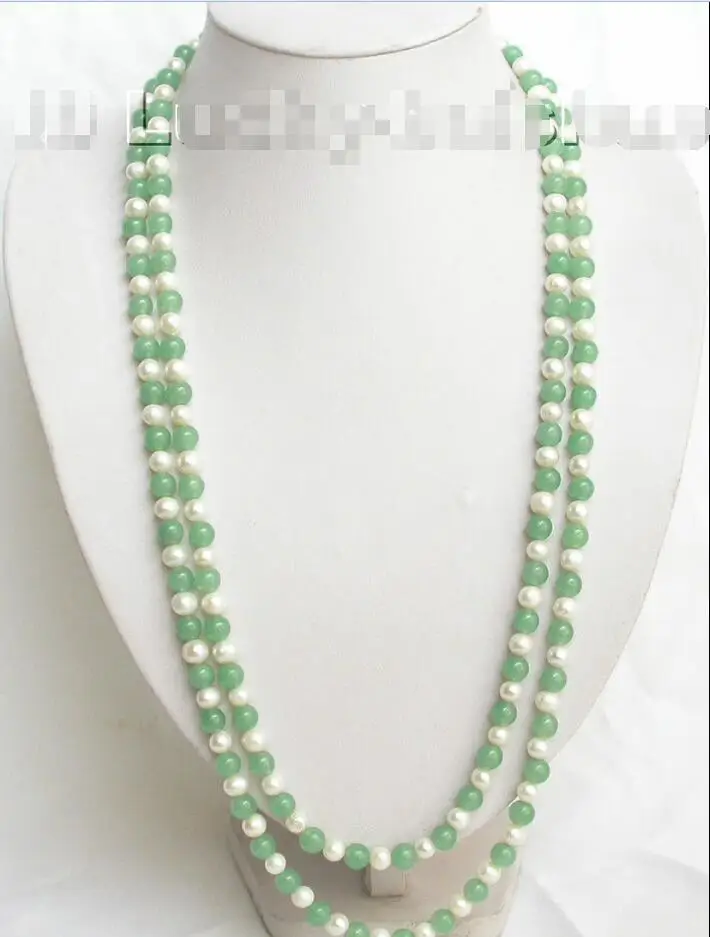 

Free Shipping >>60" round natural green jade white pearls necklace