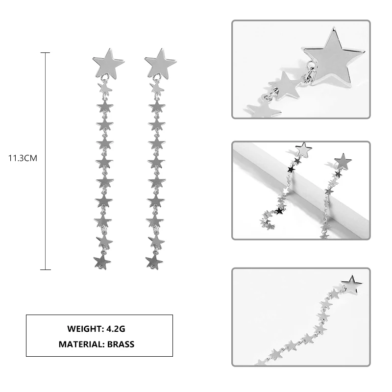 Горячая Распродажа, длинные висячие серьги с несколькими звездами для девочек, Винтажные серьги в богемном стиле из серебра, золота, металла
