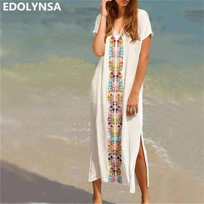 

Embroidered Tape Trim Symmetric Flower Print Casual Dress Summer White V Neck Long Sleeve Side Split Long Dress Plus Size #N18