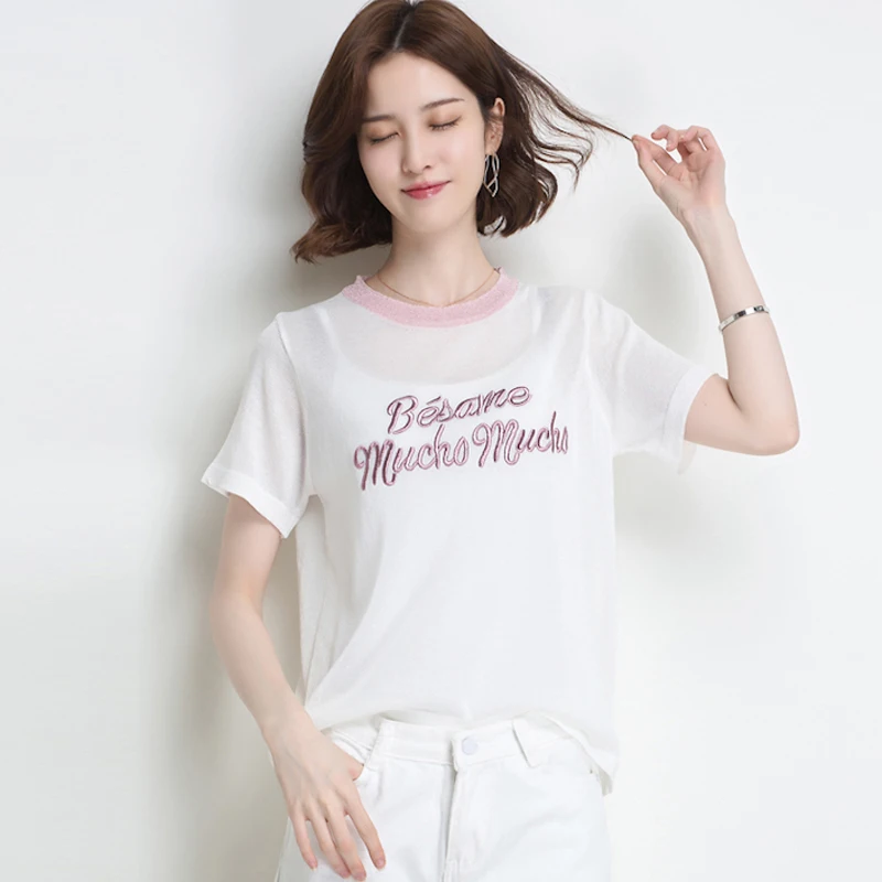 2019 корейский милый письмо футболка femme Hipster Harajuku люрекс для женщин s костюмы Kawaii
