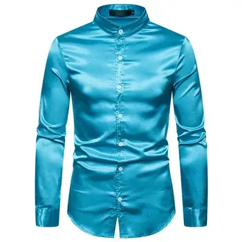

Stand Collar Big And Tall Tuxedo Shirt Plain Color Korean Clothes Men Office Shirts Long Sleeve Single Breasted Dress Blouse Man