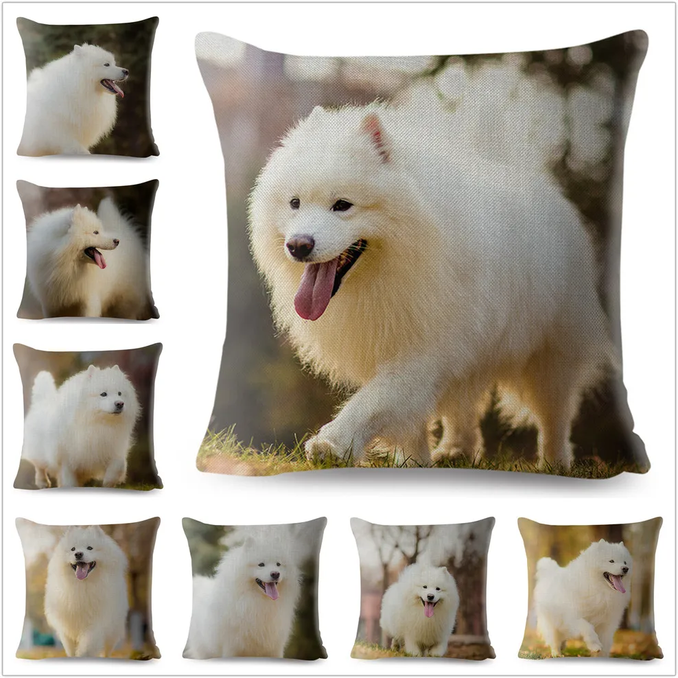 Cute White Samoyed Pet Dog Print Throw Pillow Cover 45*45 Square