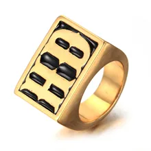 Mens Boys Joyería Fresca Punky Negro Tono de Oro Letra Inicial HD Mortorcycle Signet Anillo de Acero Inoxidable 316L