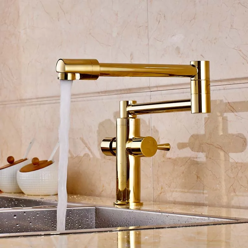 

Golden Finished Deck Mounted Kitchen Sink Faucet Double Handles Mixer Tap Swivel Spout Tap