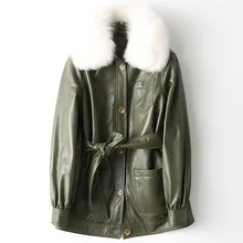 Осенне-зимняя женская куртка из натуральной кожи, пальто из овчины, Воротник из натурального Лисьего меха, теплая парка размера плюс, женские куртки KJ2486