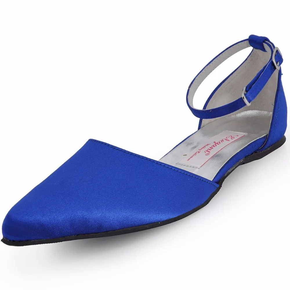 

Woman shoes comfortable wedding ballet shoes EP41034 Royal Blue Pointy Toe Buckle Satin bride bridal prom party evening flats