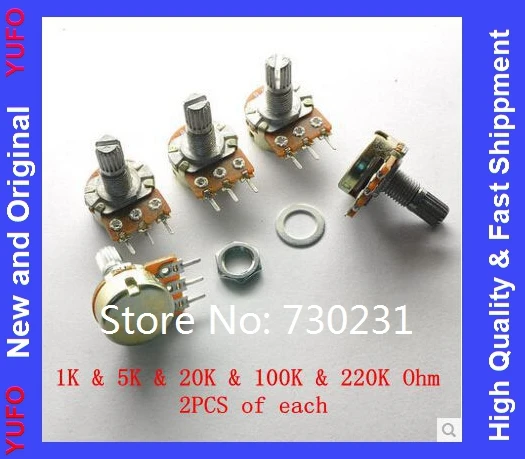 

Free Shipping 10pcs Potentiometer 1K Ohm 5K Ohm 20K Ohm 100K Ohm 220K Ohm Assortment Kit each of 2 PCS