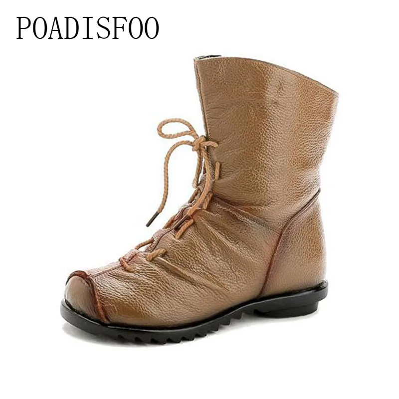 

POADISFOO Vintage Style Genuine Leather Women Boots Flat Booties Soft Cowhide Women's Shoes Front Zip Ankle Boots .ZXW-1806