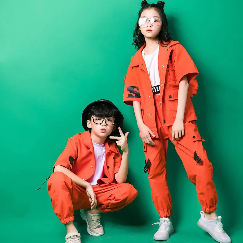 Three-piece Suit Hip Hop Clothing Kids Orange Coat Long Sleeve T-Shirt Clothes Boys Girls Jazz Street Dance Costumes Clothes (8)