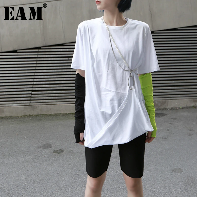 

[EAM] 2019 New Spring Summer Round Neck Short Sleeve Irregular Personality Circle Decoration T-shirt Women Fashion Tide JX394