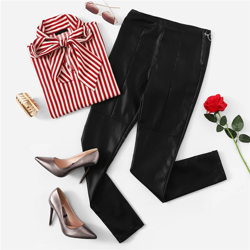 COLROVIE, черные обтягивающие кожаные брюки из искусственной кожи, офисные женские брюки с высокой талией, женская одежда, Осенние эластичные женские брюки-карандаш