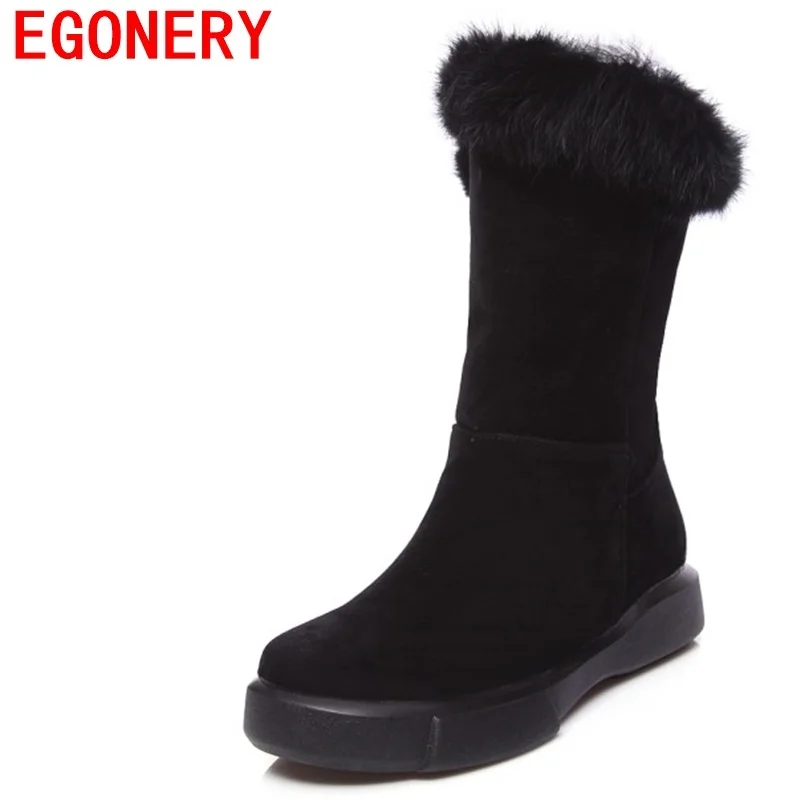 

EGONERY snow boots women shoes round toe flat low heel winter warm inside mid calf boots real fur decoration casual footwear