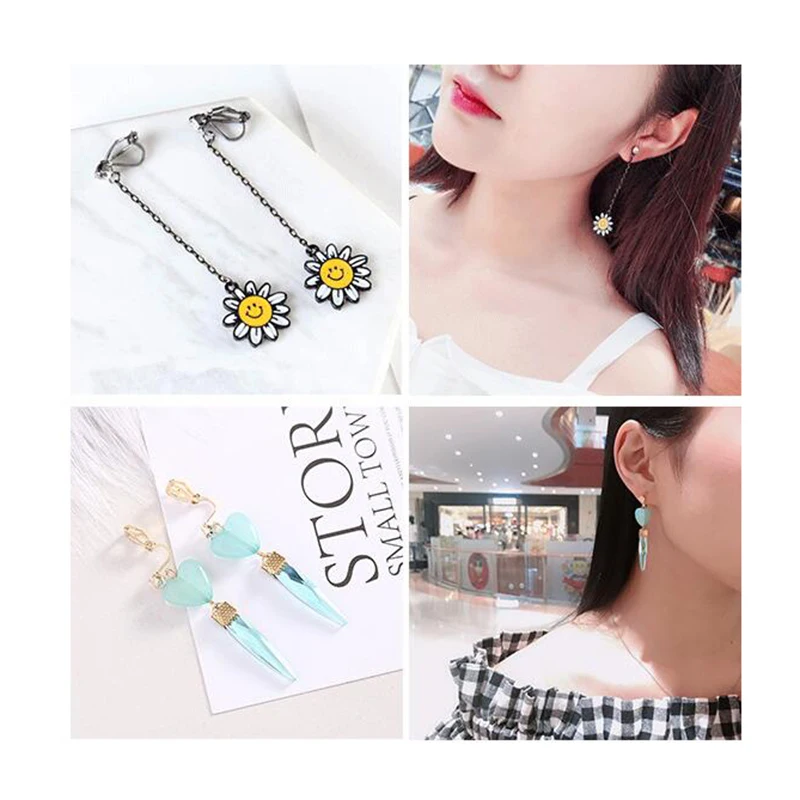 

GRACE JUN Korea Style Flower Bow Butterfly Wing Cloud Star Heart Clip on Earrings Non Pierced for Women Charm Earrings Brincos