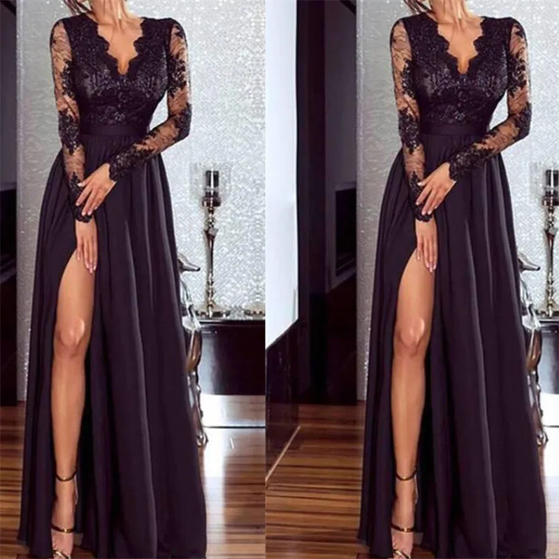Eleganz Spitze Abend вечерние Макси Kleid Ballkleid Formale Hochzeit Lange Damen Hülse V-ausschnitt Kleider Vestidos | Женская