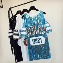 Весенне-летняя футболка для женщин, бренд, с блестками и буквенным узором, короткий рукав, с открытыми плечами, свободная длинная футболка для отдыха, футболки для студентов