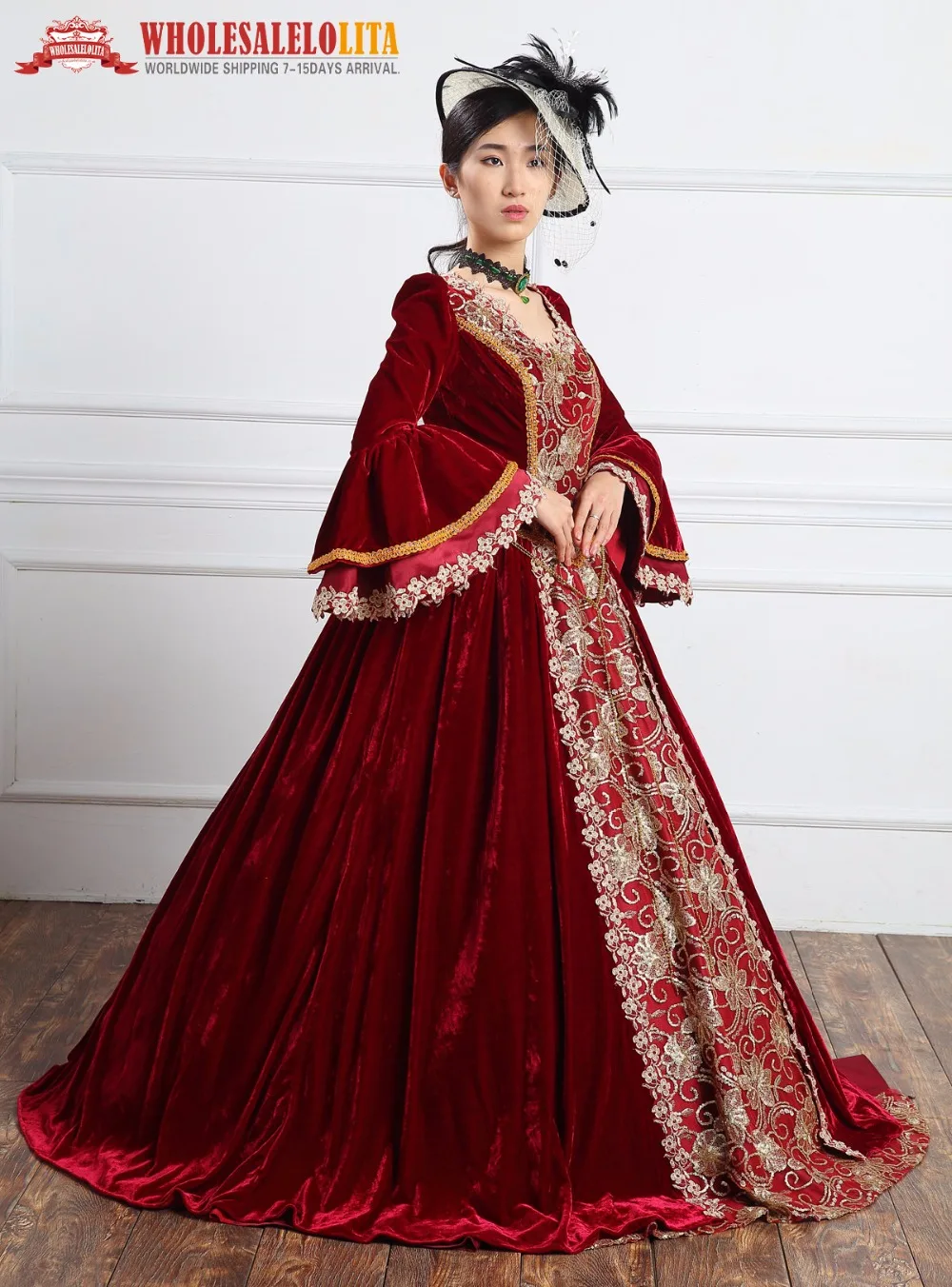 Высокое качество бордовые бархатные барокко Marie antoinette Dress Ренессанс Готический период костюмы