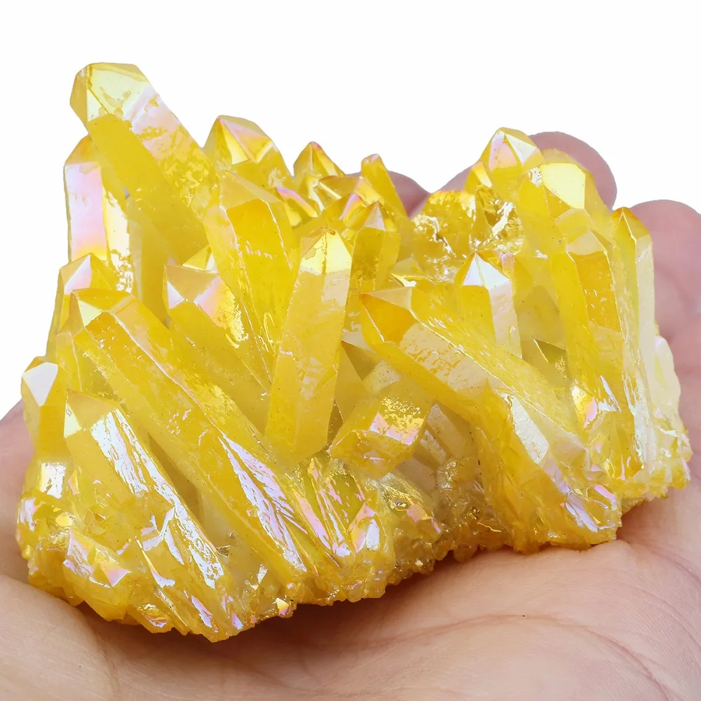 TUMBEELLUWA Yellow Angel Aura Titanium Coated Natural Crystal Cluster Stone Specimen Figurine