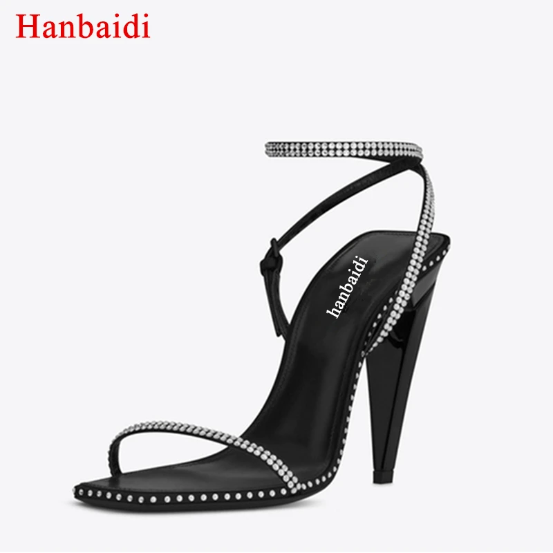 

Hanbaidi Luxury Design Rhinestone Women Summer Sandals Sexy High Heels Single One Strap Shoes Runway Style Party Weeding Shoes