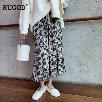 

RUGOD Casual floral Printed skirts lady Hight Waist Fashion Designer Elastic Waist Beach Maxi Skirt for women gonna donna