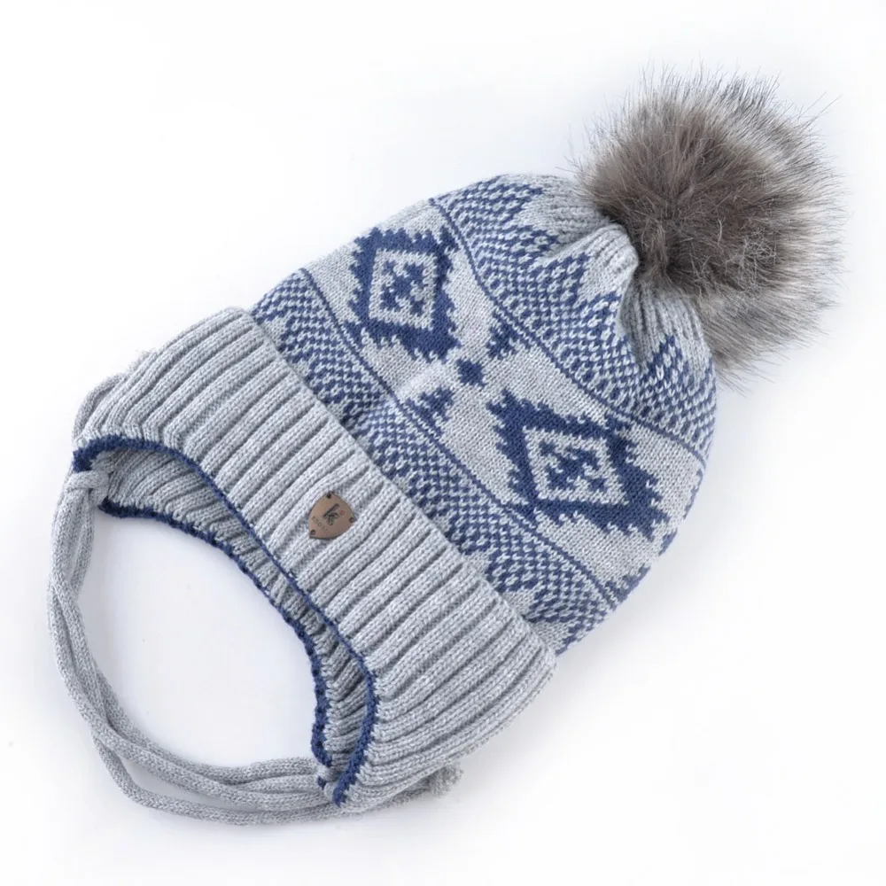 K бренд зимняя шапка и шарф Детские вязаные Толстая шапочка с искусственным мехом помпоном Детские теплые ушные лоскуты шапки для мальчиков