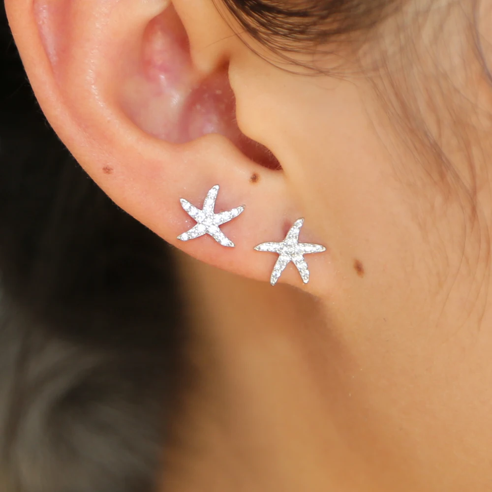 Hot Sale 100% 925 Sterling Silver Star Tropical Starfish Stud Earrings for girl lady, Clear CZ Fashion Jewelry