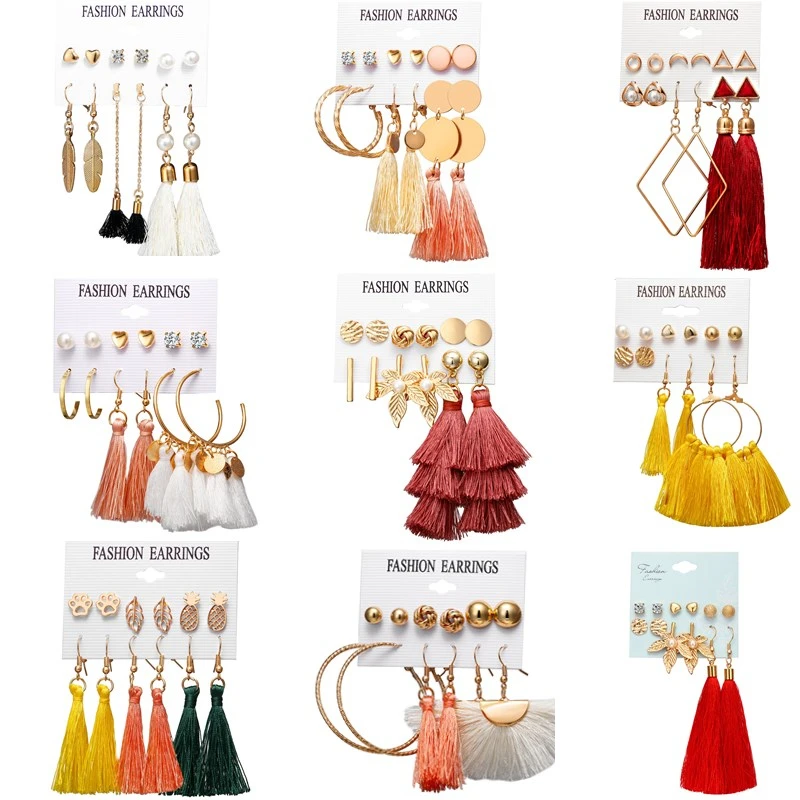 

HOCOLE Fashion Bohemian Long Tassel Earring Set Silk Fabric Gold Vintage Drop Dangle Tassel Earrings For Women 2019 Jewelry