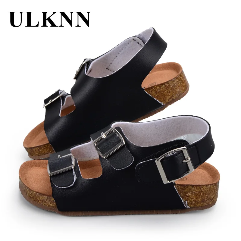 

ULKNN Children Shoes Kids Sandals Boys Girls For School PU Leather Breathable Flats Summer Beach Shoes While Black Sandals