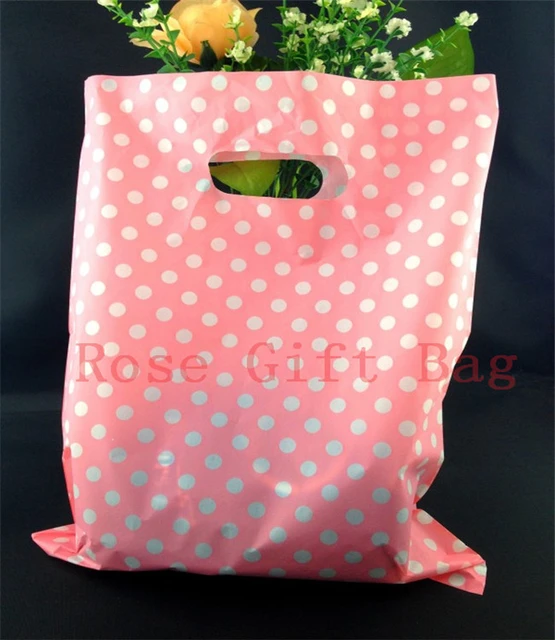 100pcs 25x35cm Dots Design Pink Plastic Gift Bag Cute Jewelry Clothing  Boutique Packaging Bags Plastic Shopping Bags With Handle