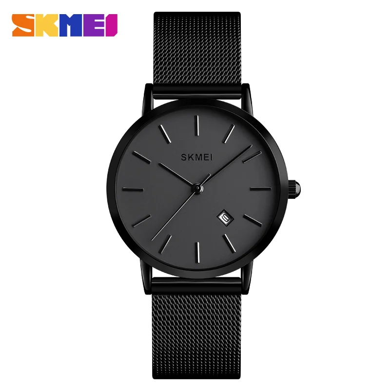 SKMEI Fashion Women Watch Casual Quartz Wristwatches Simple Style 3bar Waterproof Stainless Steel Watchband reloj mujer 1530 - Color: Black