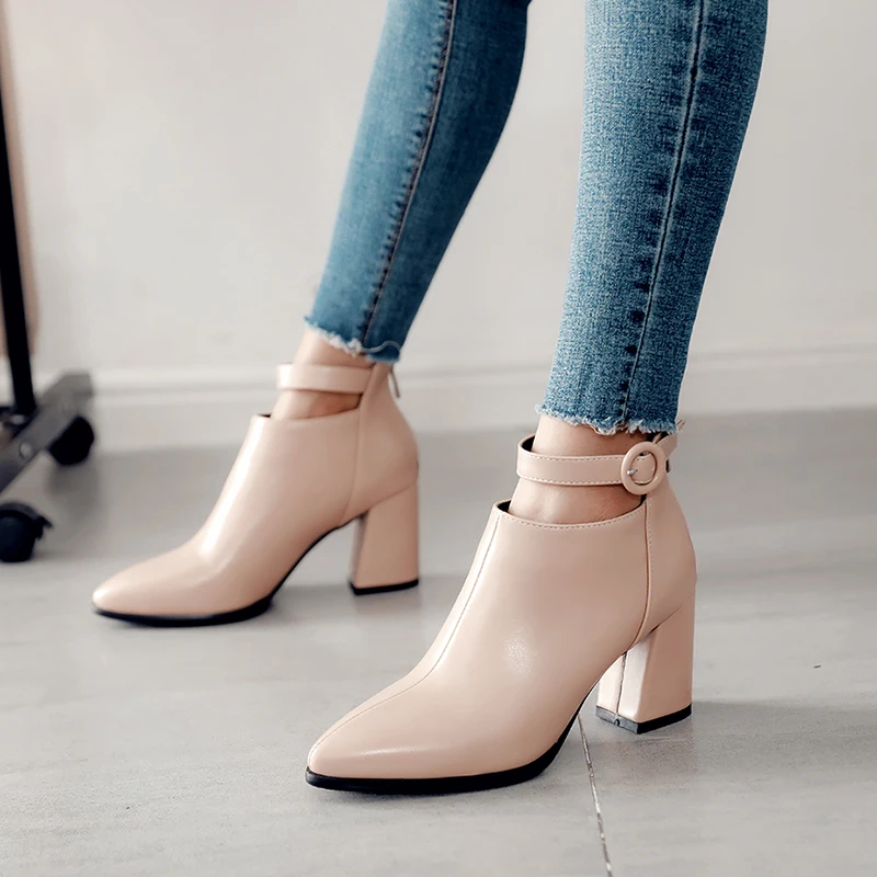 

S.Romance Women Boots Woman Shoes Ankle Wrap High Square Heel Zip Pointed Toe Size 34-43 High Quality Large Buckle SB324