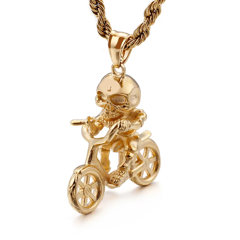 

Stainless Steel Men Hip Hop Skeleton motorcycle Pendant Necklaces Fashion Ghost Rider punk style Necklace male Hiphop jewelry