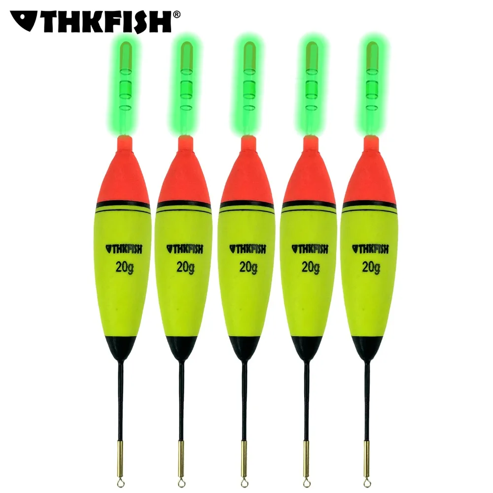 

THKFISH 5Pcs EVA Foam Fishing Floats 10g 20g 30g+10Pcs Glow Sticks Long Vertical Luminous Night Lighting Fishing Float Bobbers