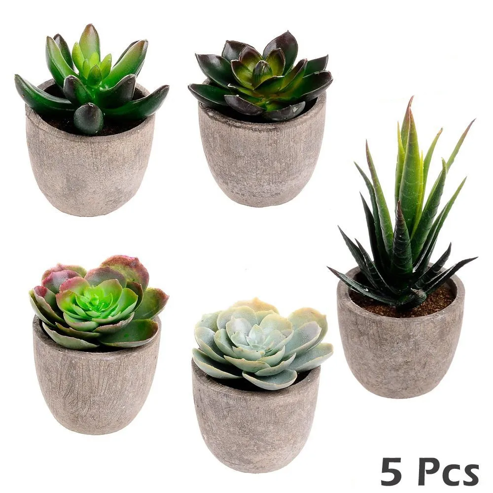 

HOT 5PC PE Plastic Faux Succulent Artificial Succulent Cactus Fake Cacti Plants With Wood Gray Pots For Table Garden Home Decor