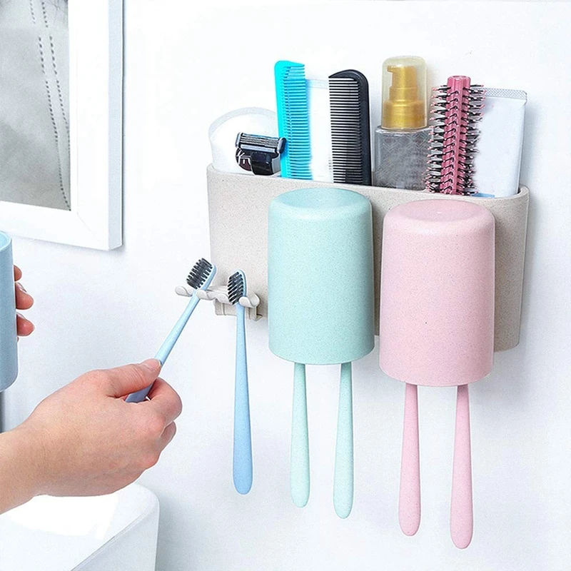 Toothbrush Holder Wall Mounted Self Adhesive Wheat Straw Bathroom Storage Organizer 3 Rinse Cups 4 Slots Toothpaste,Cleanser,C