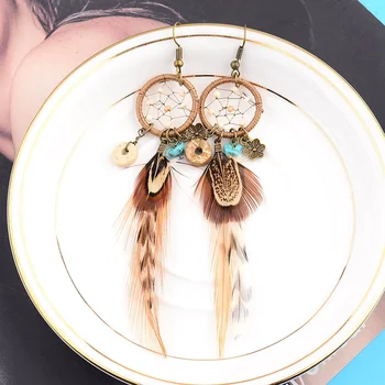 Ethnic Long Bohemia Feather Beaded Earrings For Women Dreamcatcher Round Wood Indian Gypsy Hippie Earrings Boucle D’oreille
