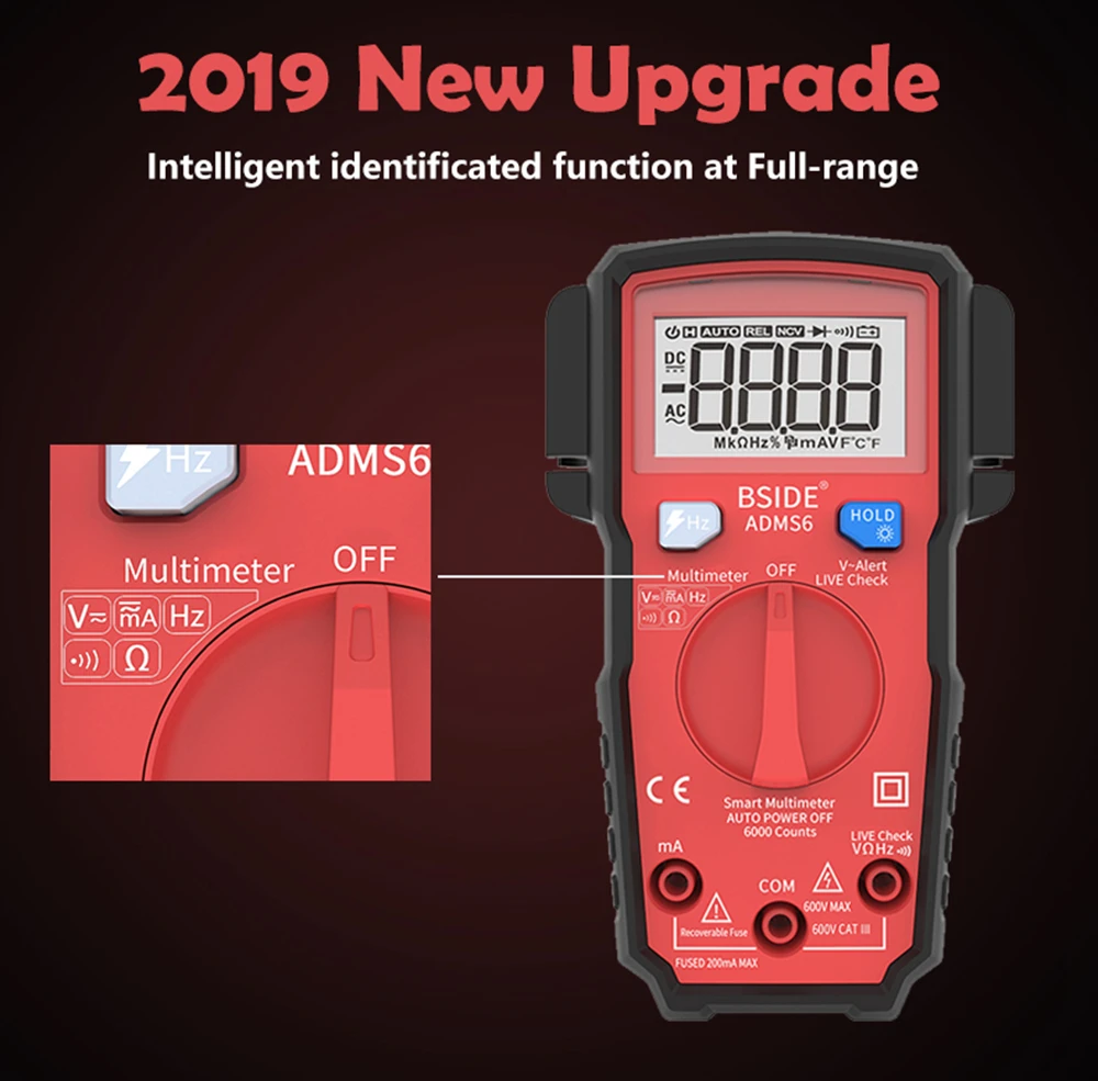 BSIDE Умный Цифровой мультиметр ADMS6 Автоматический диапазон 6000 отсчетов DC/измеритель напряжения переменного тока DMM автоматический Ом Hz V-alерт тест
