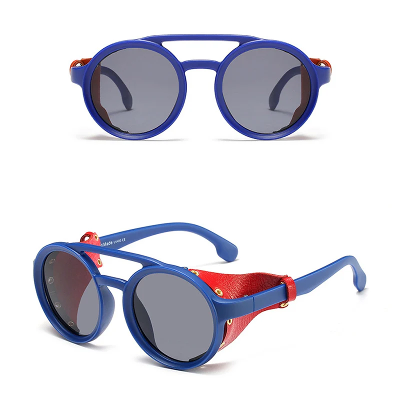 KEITHION мужские стимпанк очки Солнцезащитные очки женские Ретро оттенки Модные кожаные с боковыми щитами стильные круглые солнцезащитные очки - Цвет линз: Blue