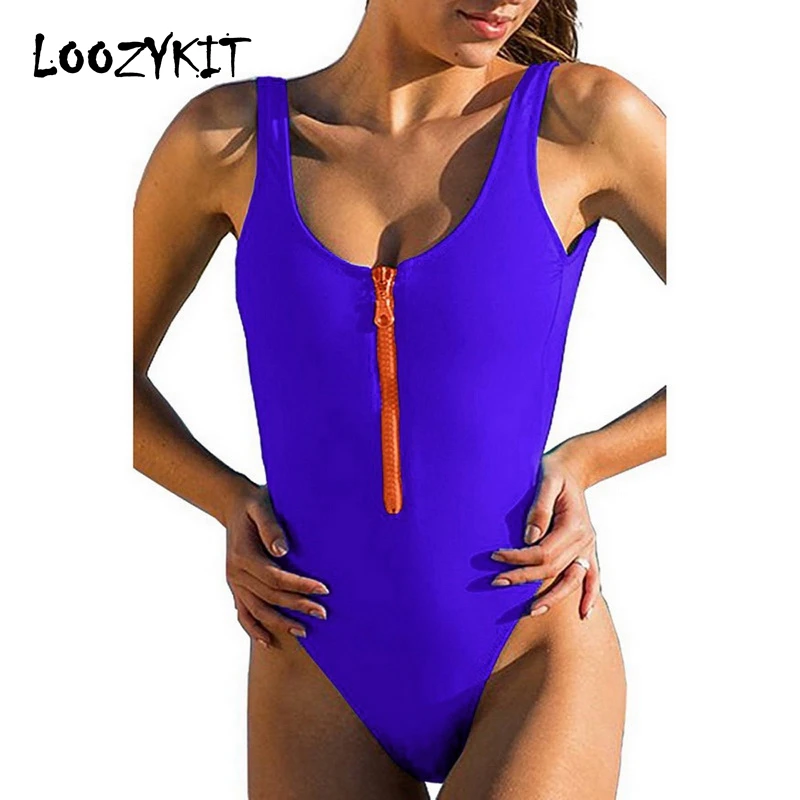 Женский купальник с открытой спиной Loozykit однотонный на молнии бикини лето