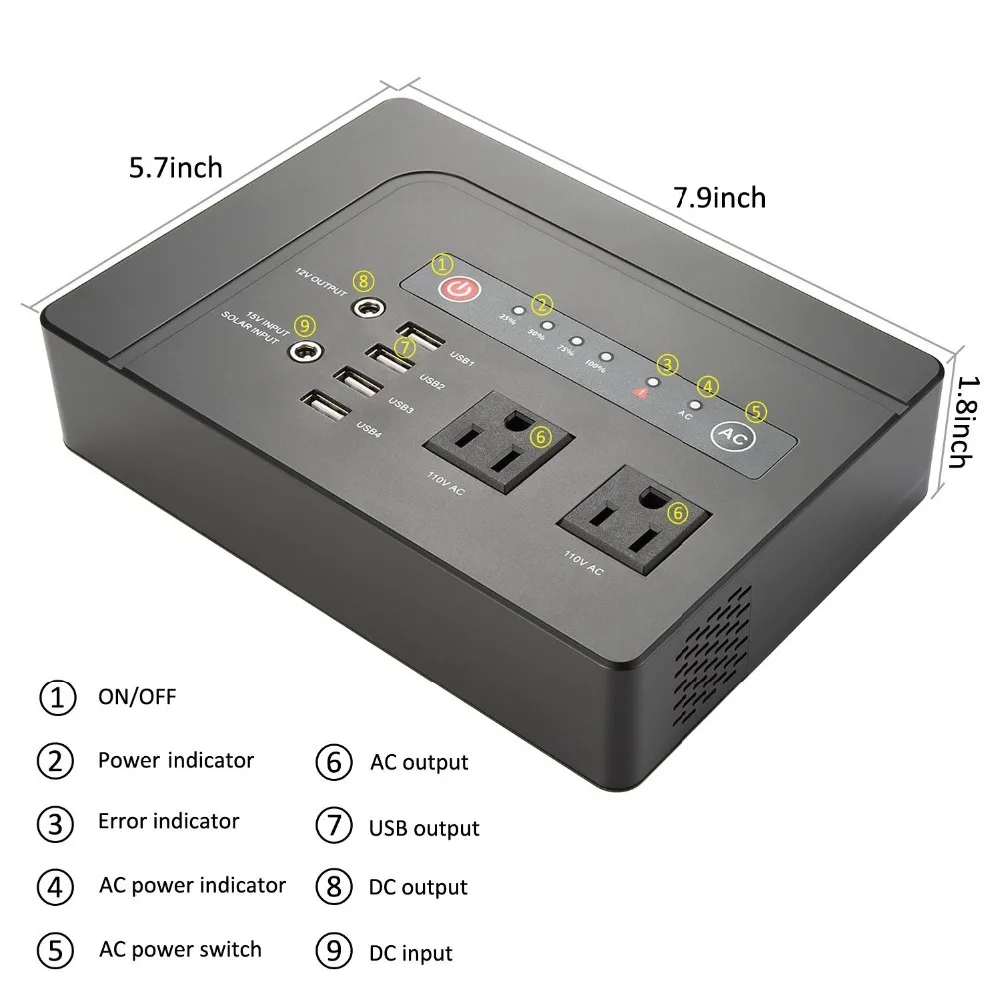 Портативный солнечный генератор 110V 220V Аккумуляторный блок питания станция DC 12V порты, 4 USB выхода для CPAP/дома/кемпинга