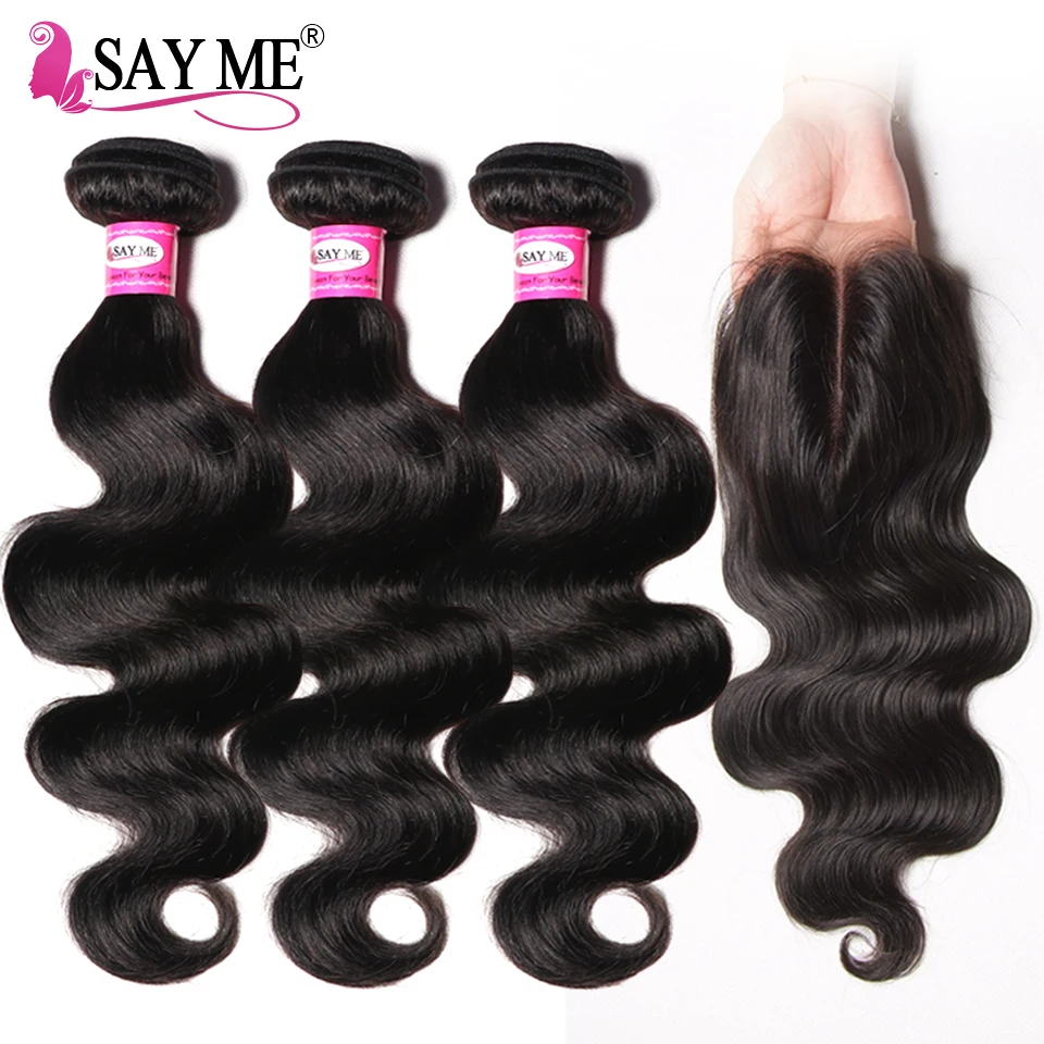 

Peruvian Human Hair Bundles With Closure Body Wave 3 Bundles With Lace Closure Middle Part Remy SAY ME Human Hair Weave 4PC Lot