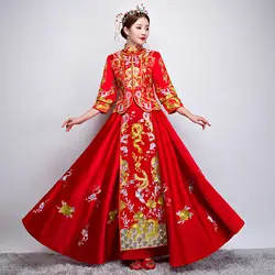 Красный Традиционный китайский платье свадебное 2019 новые женские длинные Cheongsam Qipao Vestido Oriental стиль платья для женщин
