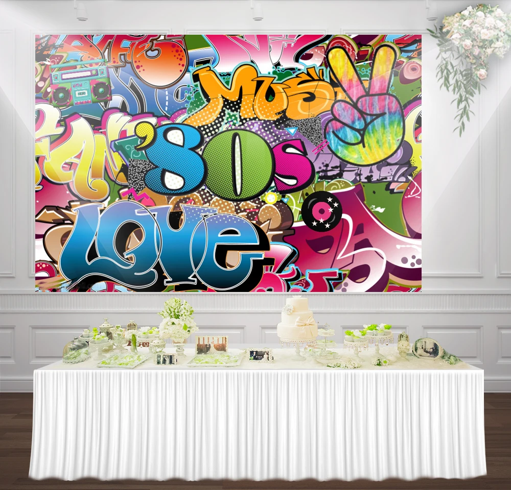 HUAYI 80s theme Graffiti wall photography backdrop background  for 80s birthday party Decorations sm-126