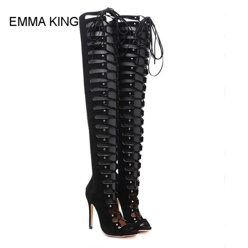 

EMMA KING Cross Tied Over The Knee Summer Boots Women Peep Toe Thin High Heels Back Zipper Fashion Mujer Sandals For Party 2018
