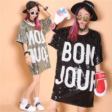 Jasmine fashion bling paillette letter loose medium-long plus size short-sleeve t-shirts t-shirt women