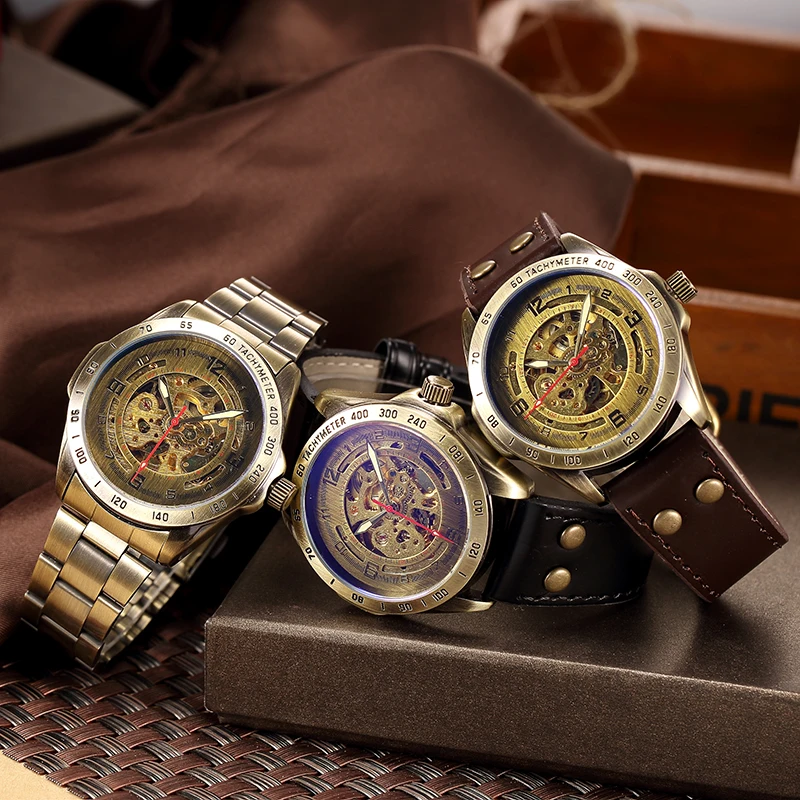 Antique Automatic Watches Skeleton Mechanical Watch Men Bronze Steampunk Retro Leather Analog Wrist Watches Male Vintage Clock