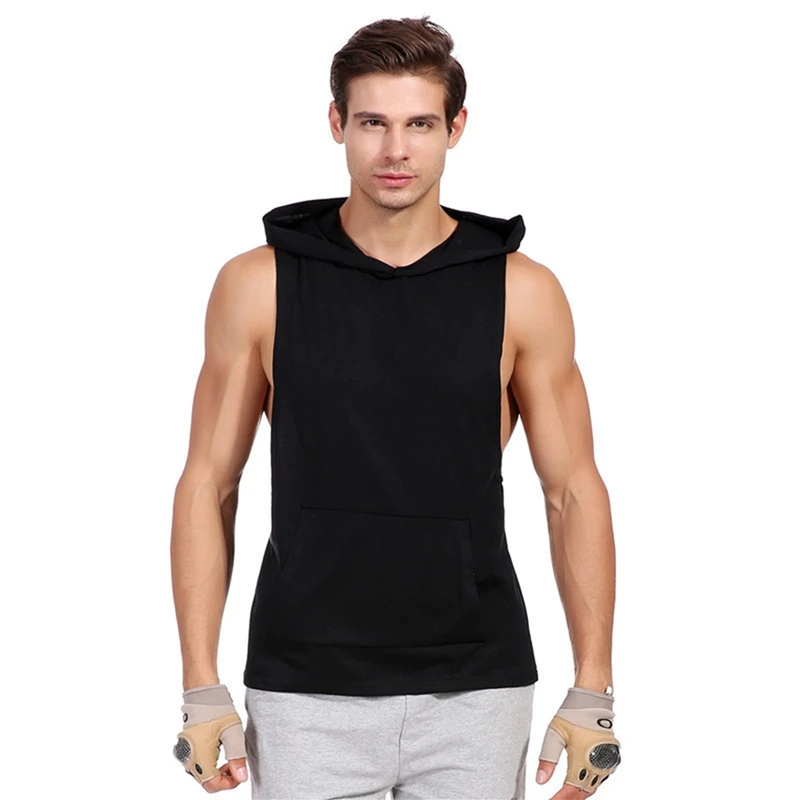 Men Vest Thin Breathable Anti-sweat Sleeveless Pullover Hooded Cotton Spandex Tank Tops Hoodies Sportswear with Pocket