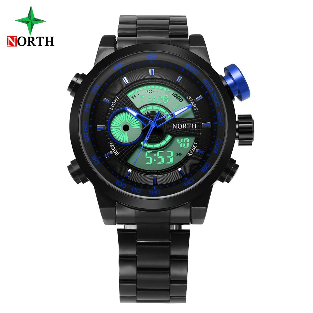 Luxusní značky North New Sport hodinky Muži černé oceli Digitální vodotěsný Dual Time Muž náramkové hodinky Led Back Light vojenské hodiny